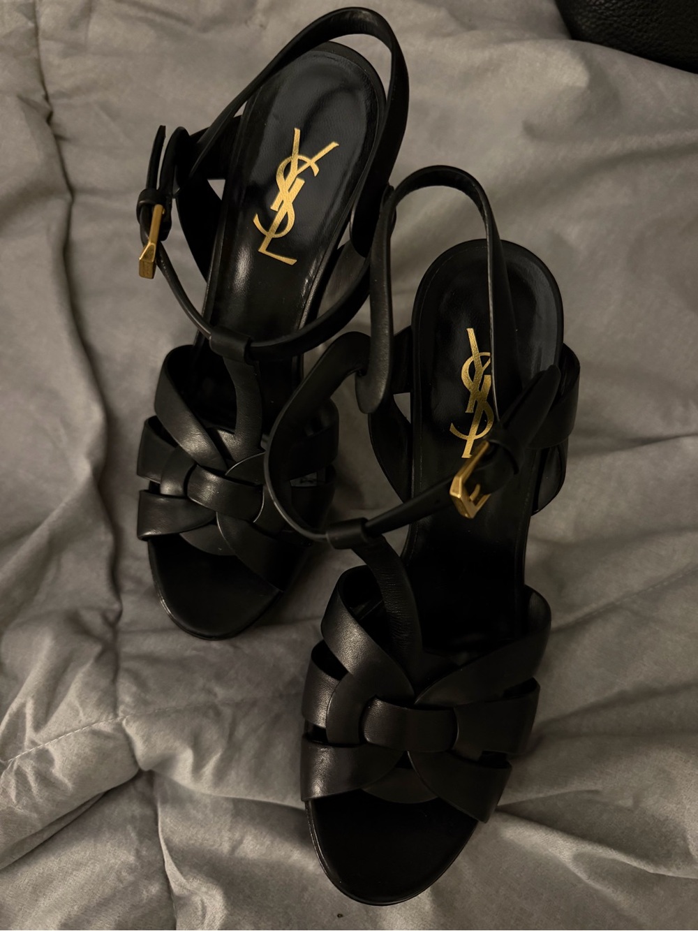 SAINT LAURENT Tribute Knotted Slingback Heels - Black Leather Gold YSL - 7.5/8 - Picture 4 of 5
